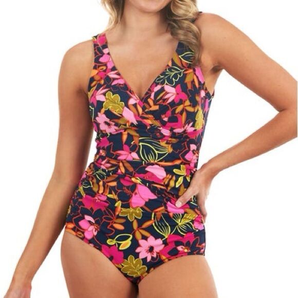 Seekers Australia Fuchsia Blooms Bella Tropical Print One Piece Swimsuit Size 10 - Picture 1 of 13